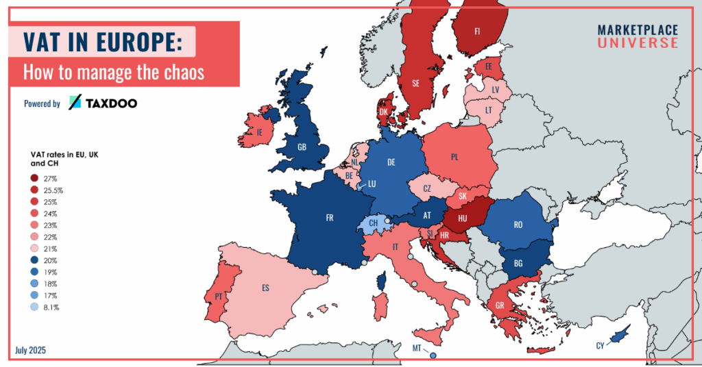 Landscape with VAT Rates in Europe powered by Taxdoo July 2025