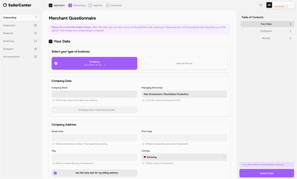 ABOUT YOU Seller Center Onboarding Questionnaire